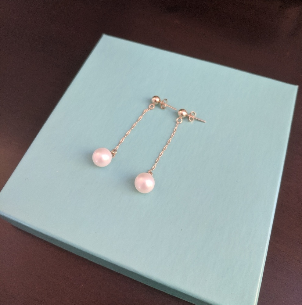 14k gold real pearl drop earrings